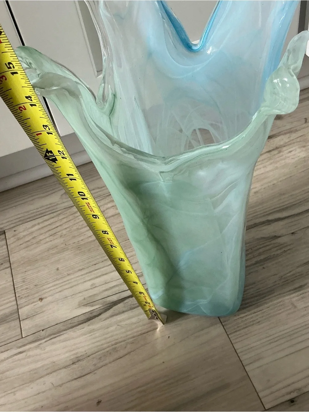 Vtg Lovarazione Art Murano glass aqua blue & green swirl ruffled vase Italy